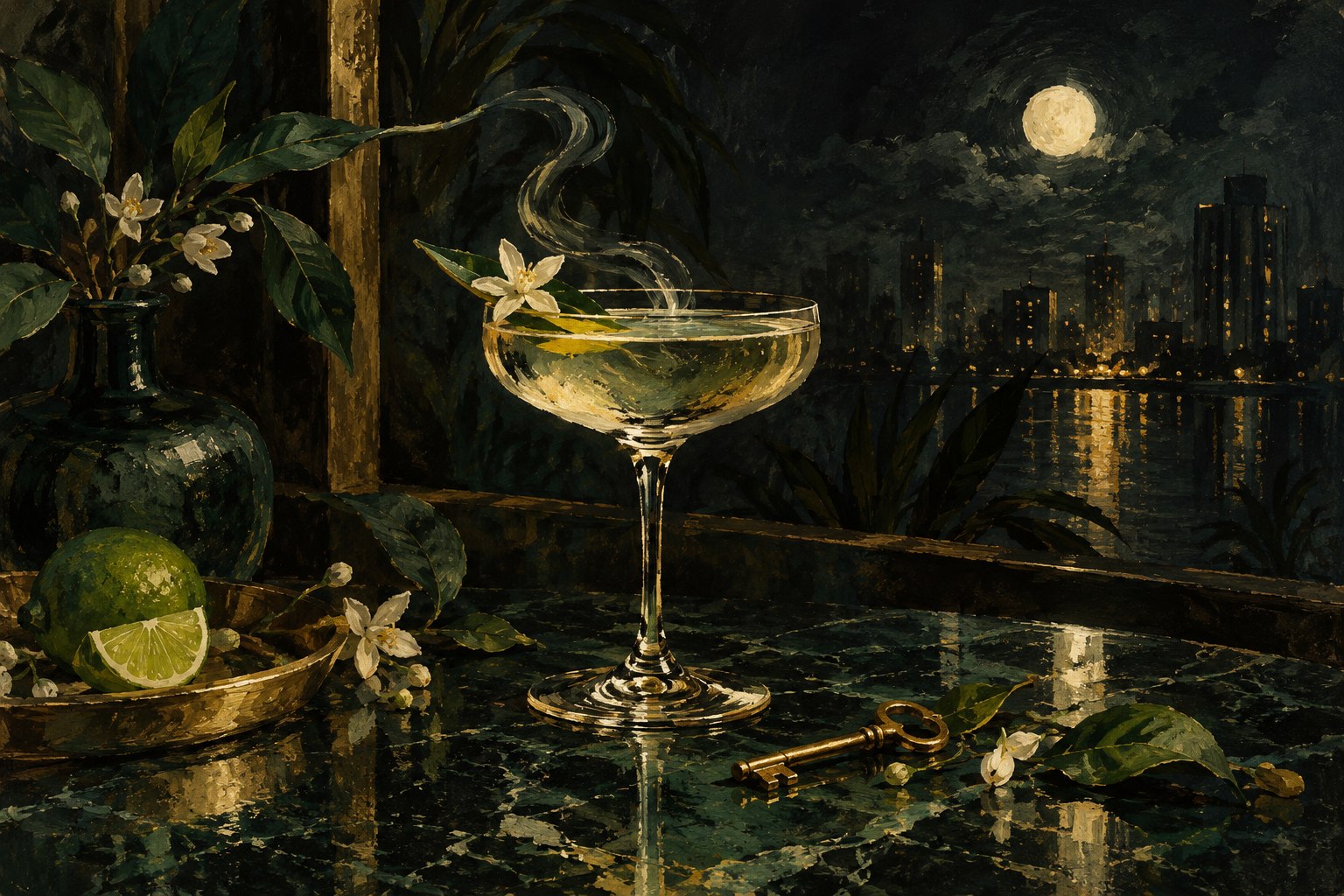Painted night still life with a cocktail, moonlit skyline, and gold key