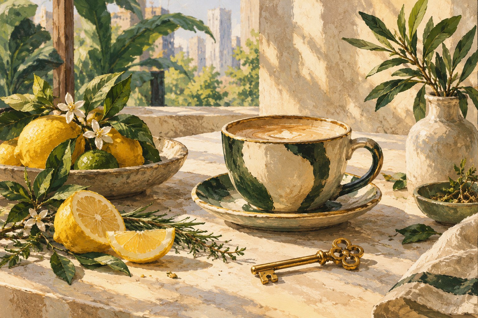 Painted daylight still life with coffee, citrus, greenery, and a gold key